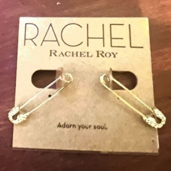 NWT RACHEL RACHEL ROY SAFETY PIN 
GOLD TONE EARRINGS clear crystals 1.25 inches - Picture 1 of 5